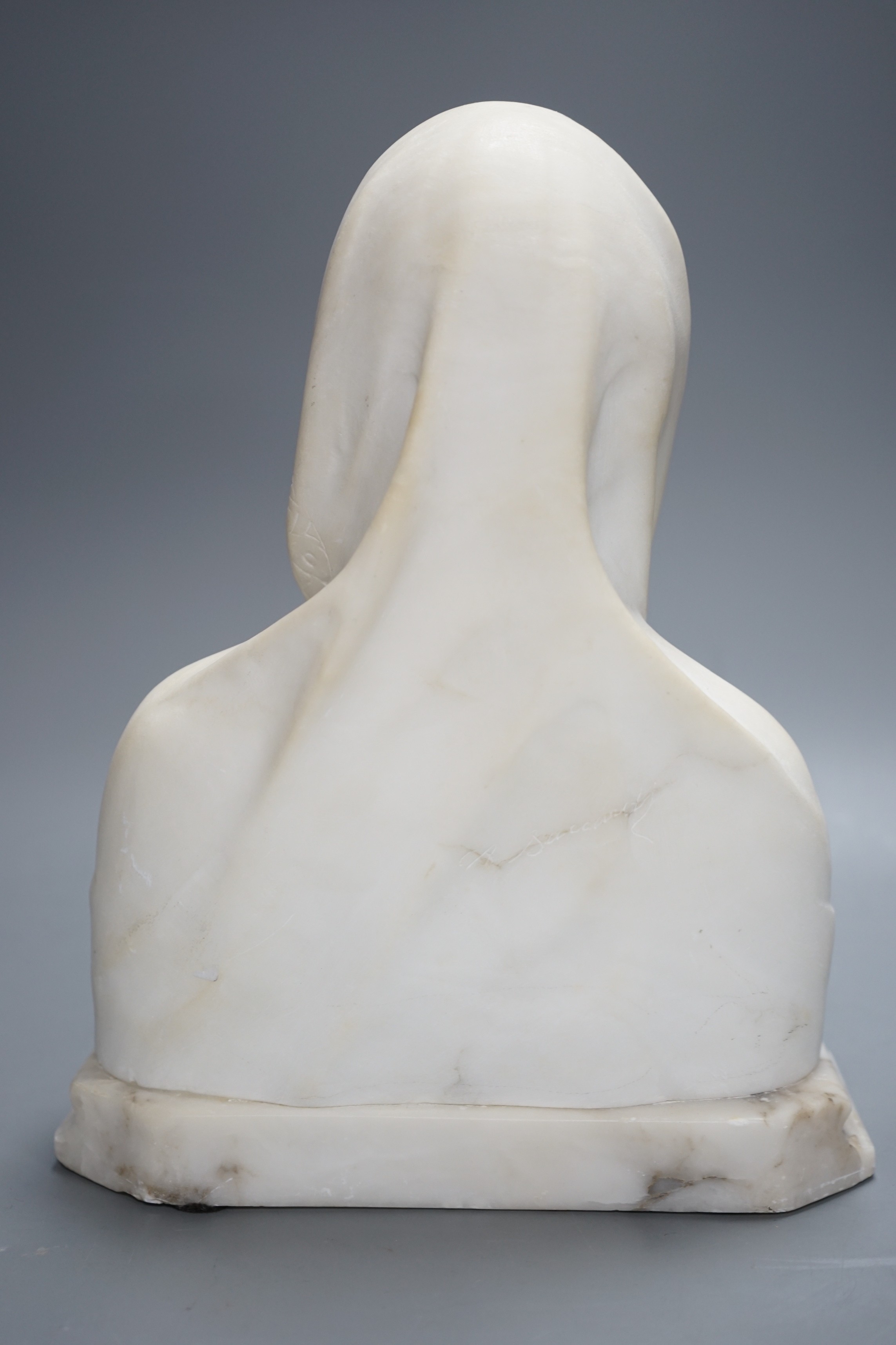 Alberto Saccardi (1883-1956), an alabaster bust of a hooded lady on marble base, 28cm